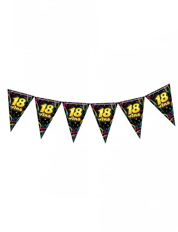 Girlanda z vlajočiek na oslavu 18. narodenín pre čiernu párty s žltými číslami a farebnými serpentínami