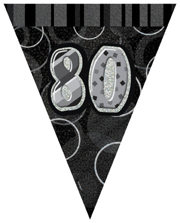 Guirlande fanions âge 80 ans pour anniversaire gris et noir pailleté