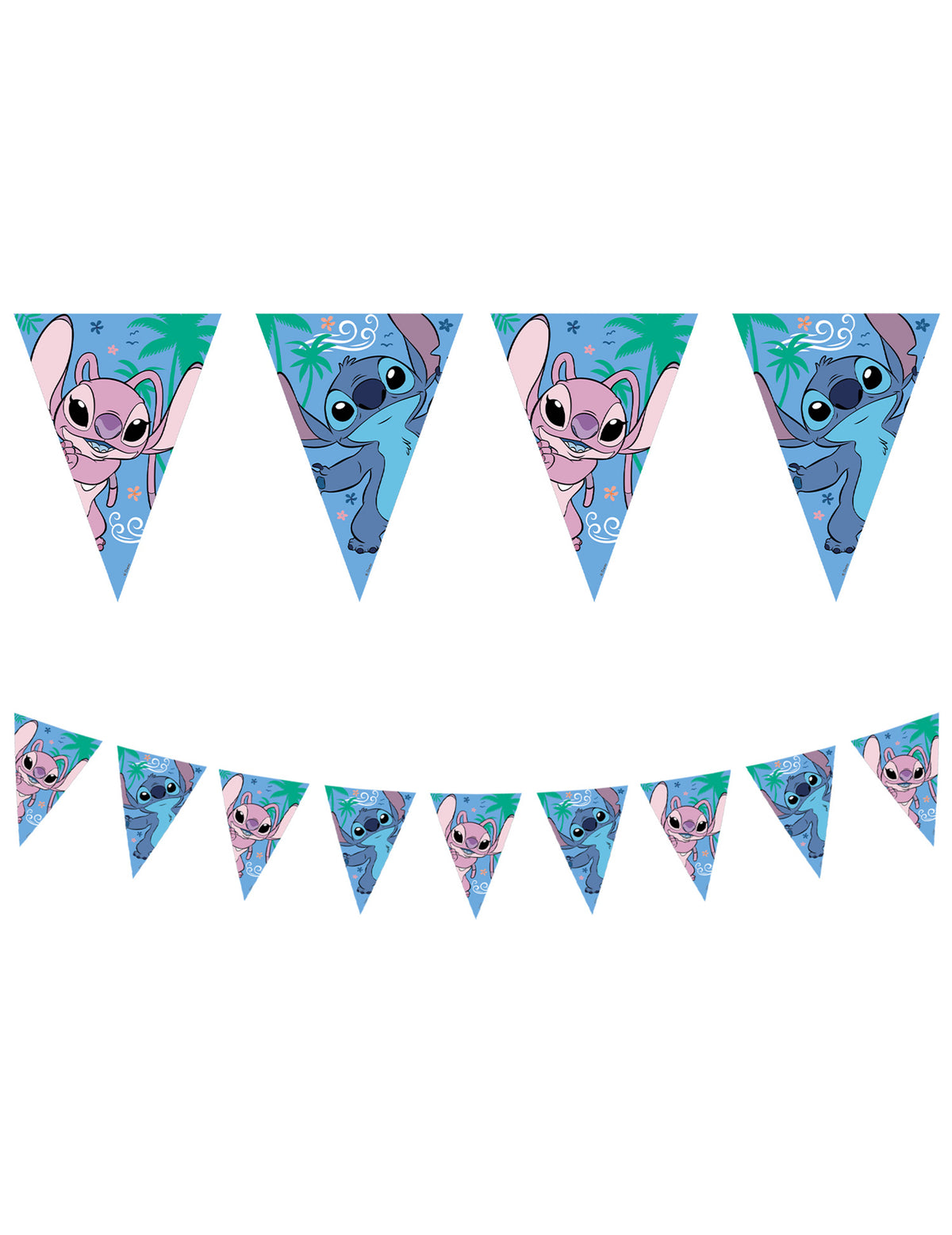 Guirlande fanions papier Stitch pour fête bleue et rose avec Angel et palmiers