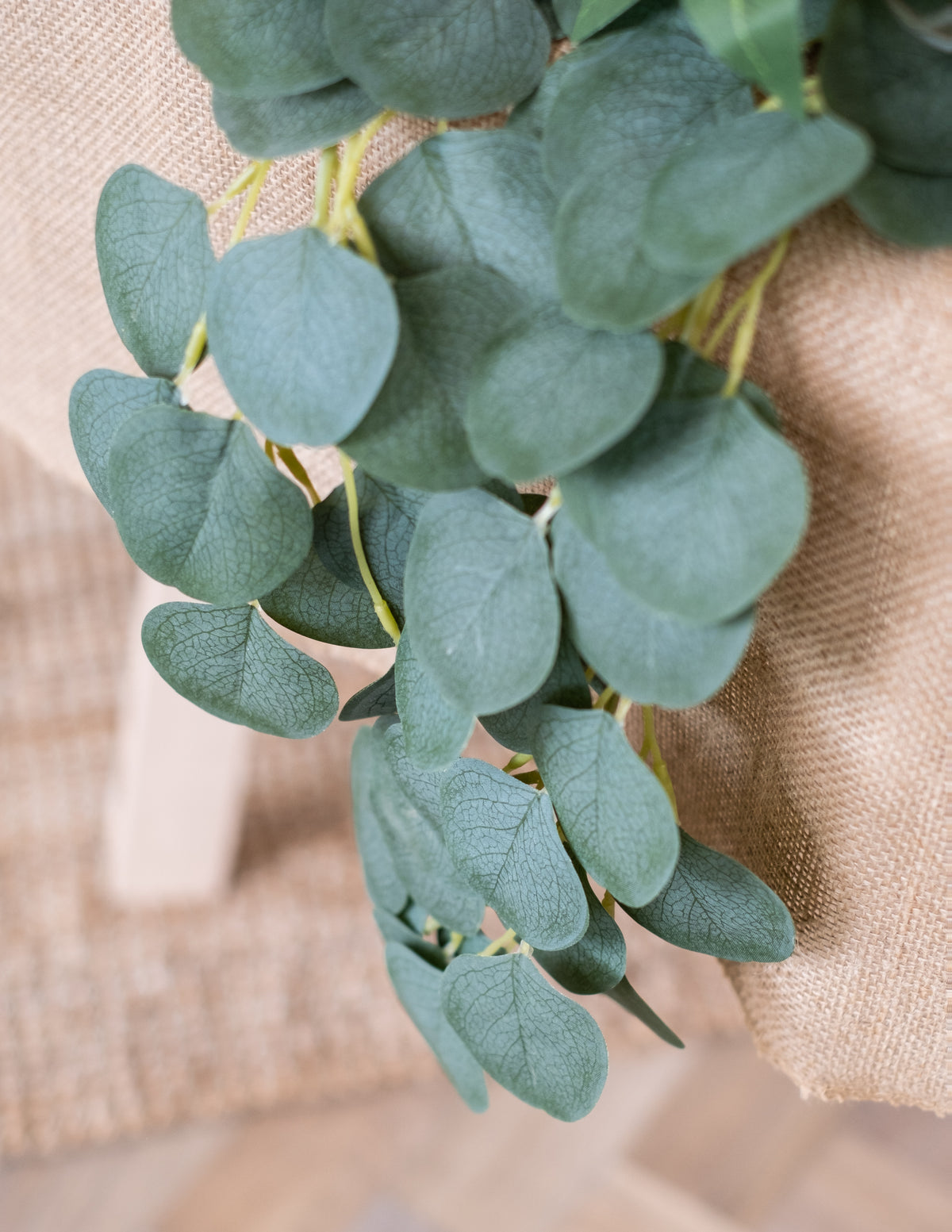 Détail de la retombée sur tissu de jute de la guirlande de feuilles d'eucalyptus