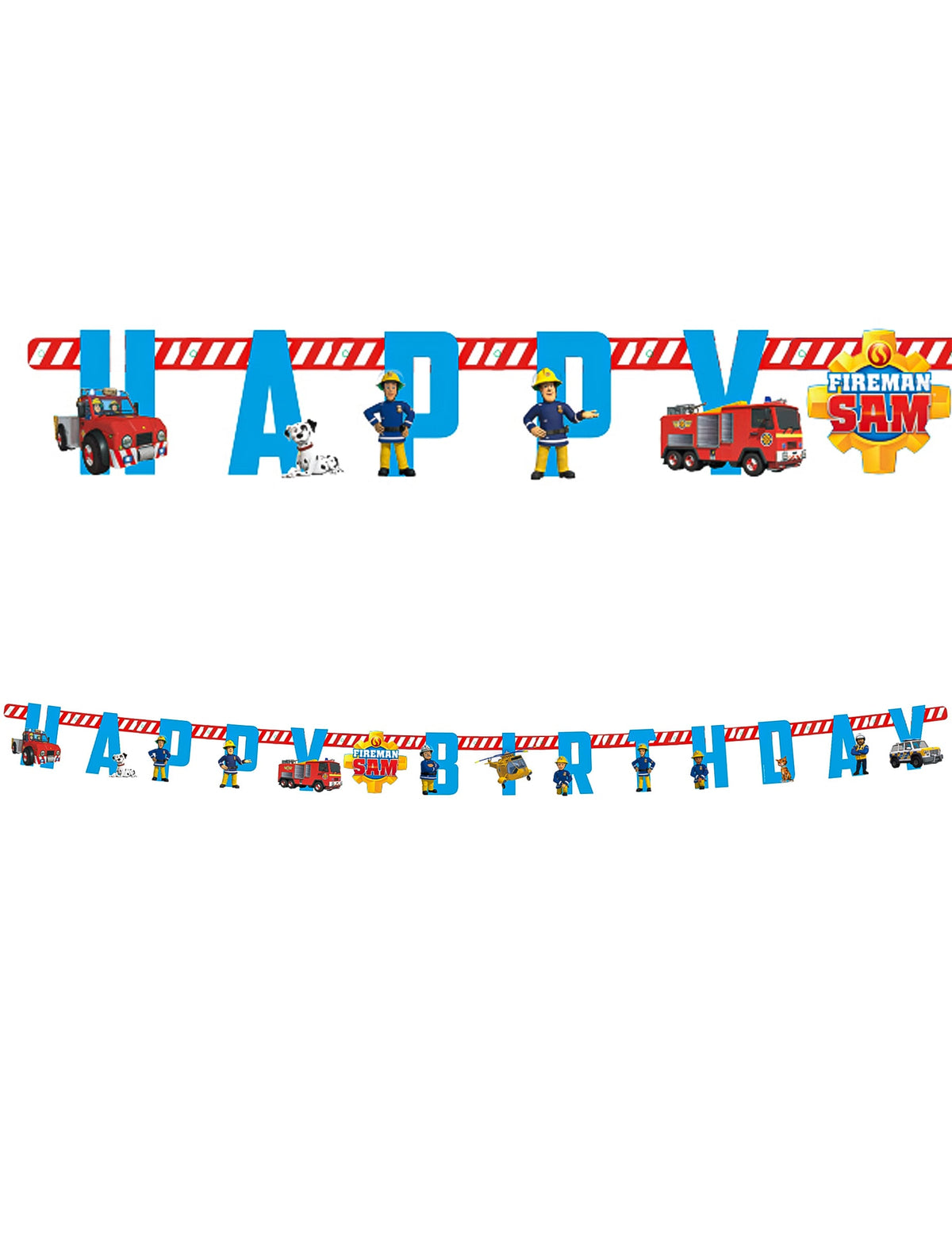 Guirlande Happy Birthday Sam le Pompier pour enfant bleue avec camions de pompiers