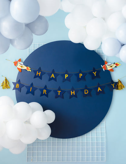 Girlanda k narodeninám, malé lietadlo, 2,5 m, modrá a zlatá