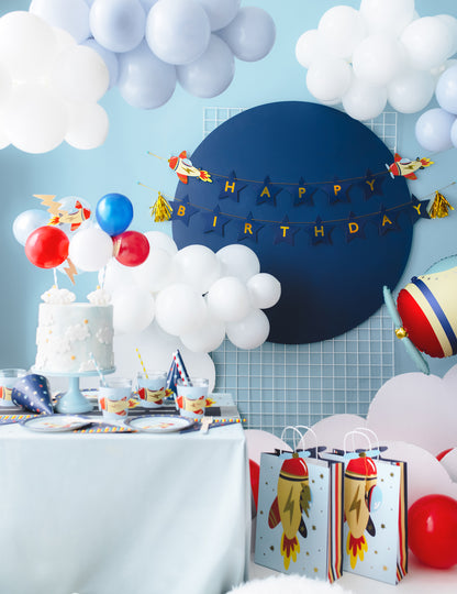 Girlanda k narodeninám, malé lietadlo, 2,5 m, modrá a zlatá