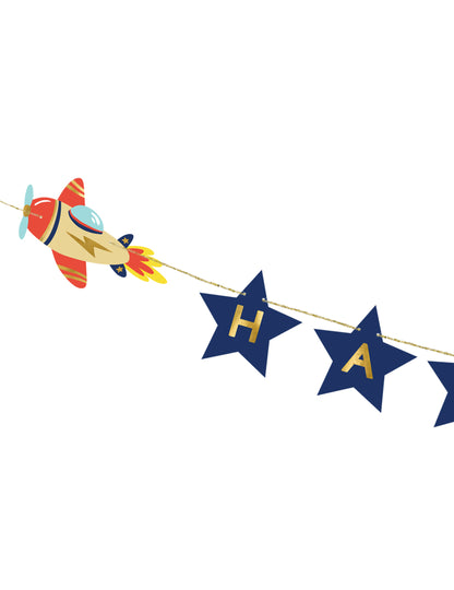Girlanda k narodeninám, malé lietadlo, 2,5 m, modrá a zlatá