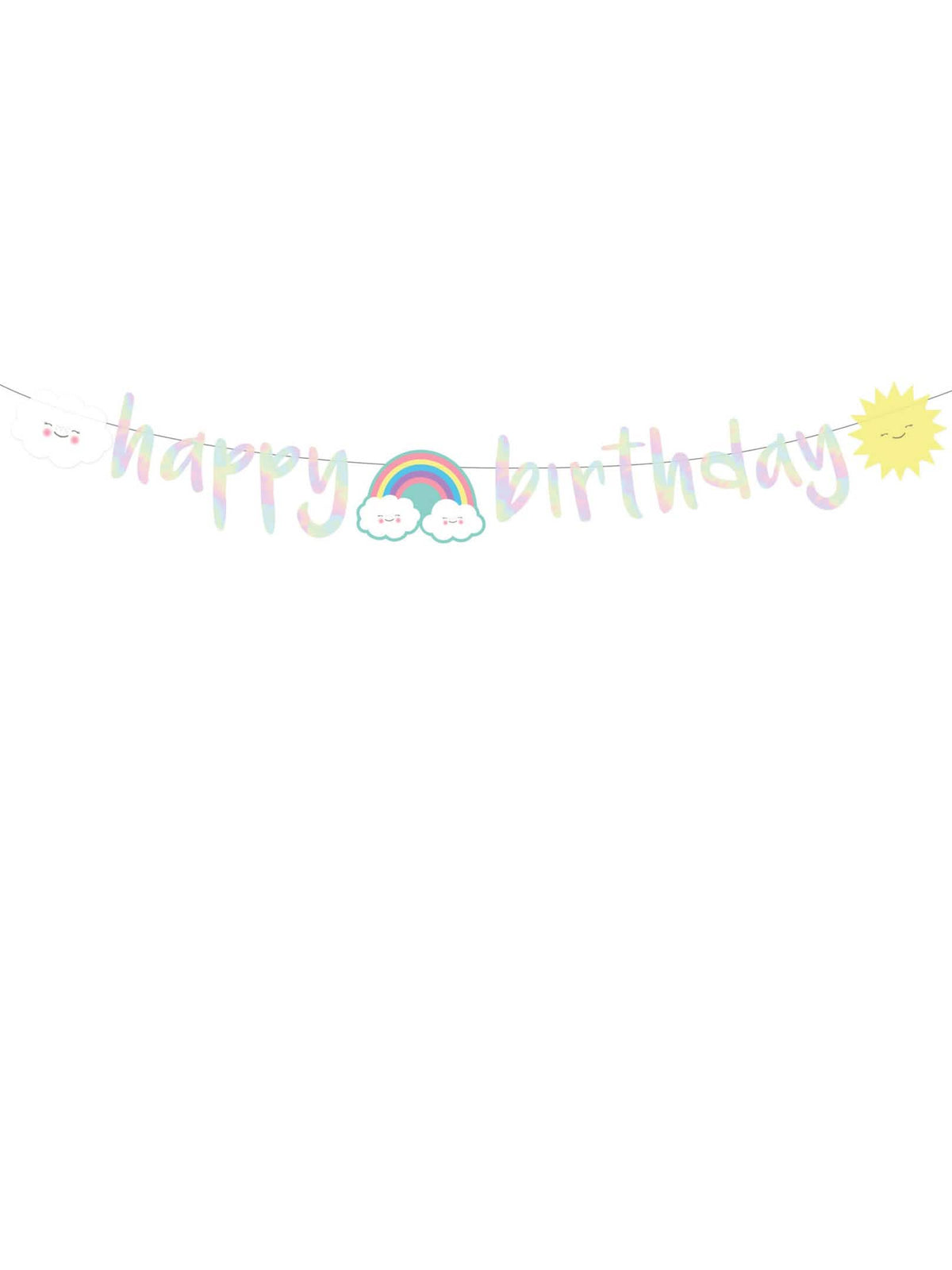 Prehľad kartónovej iridescentnej girlandy s nápisom happy birthday a obláčikmi