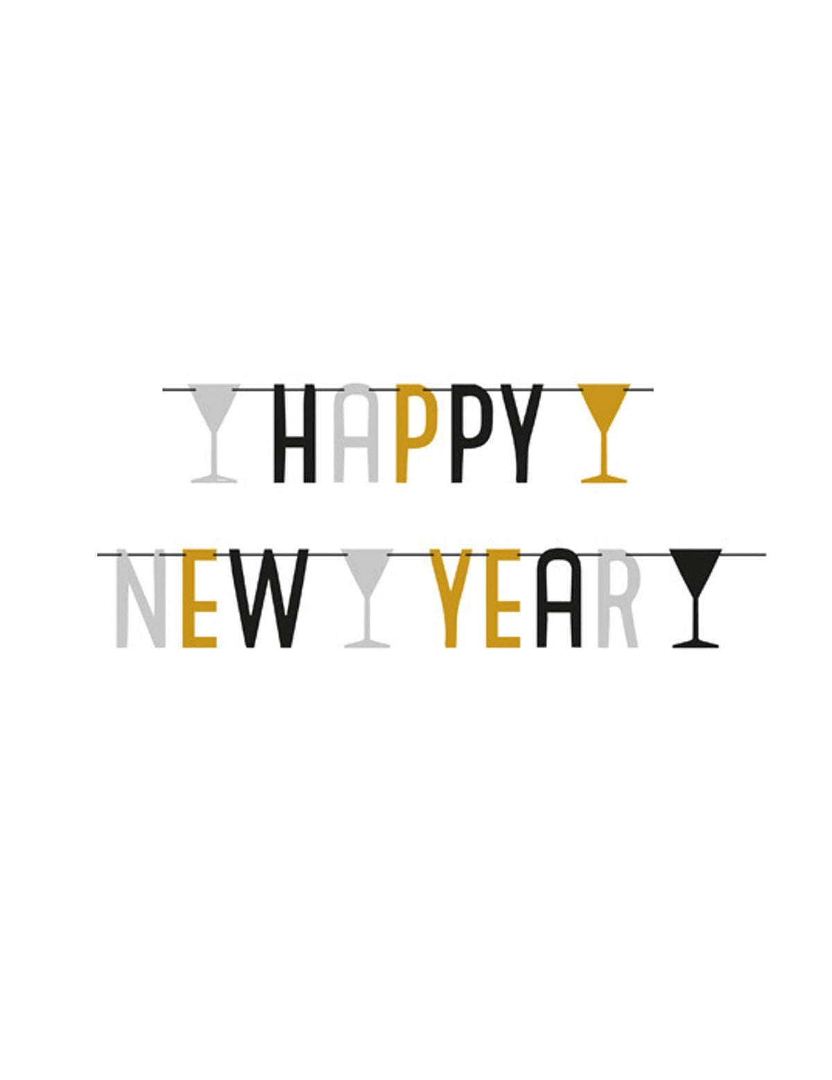 Guirlande Happy New Year pour décoration de fête argent noir et doré