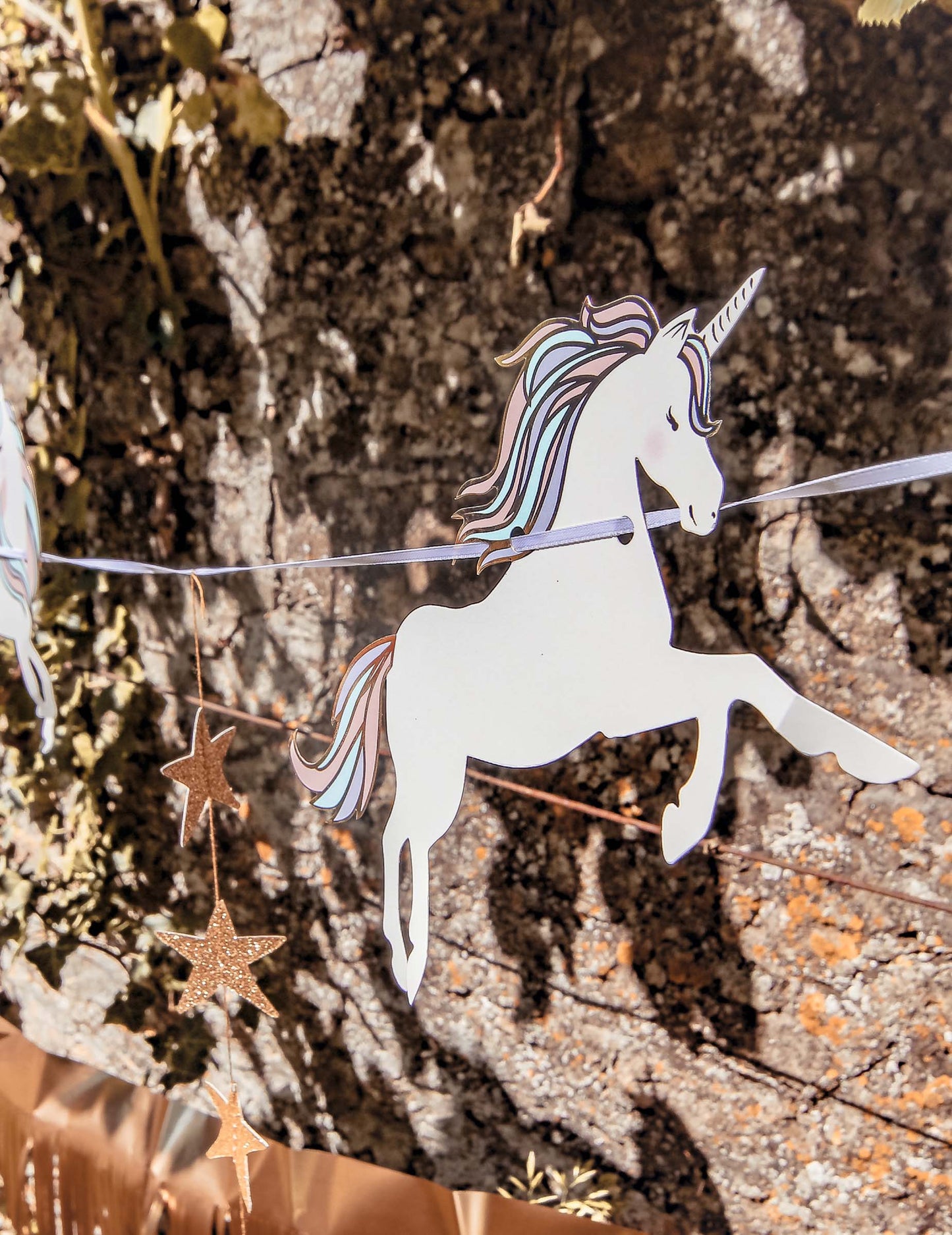 Pastelová girlanda s jednorožcom a zlatými hviezdičkami, 2 m, na narodeniny