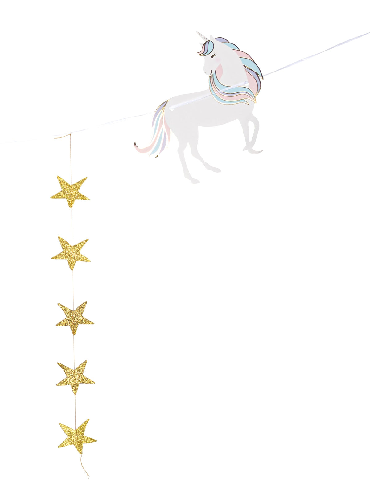 Détail de la licorne et des étoiles pailletées de la guirlande licorne pastel et étoiles dorées