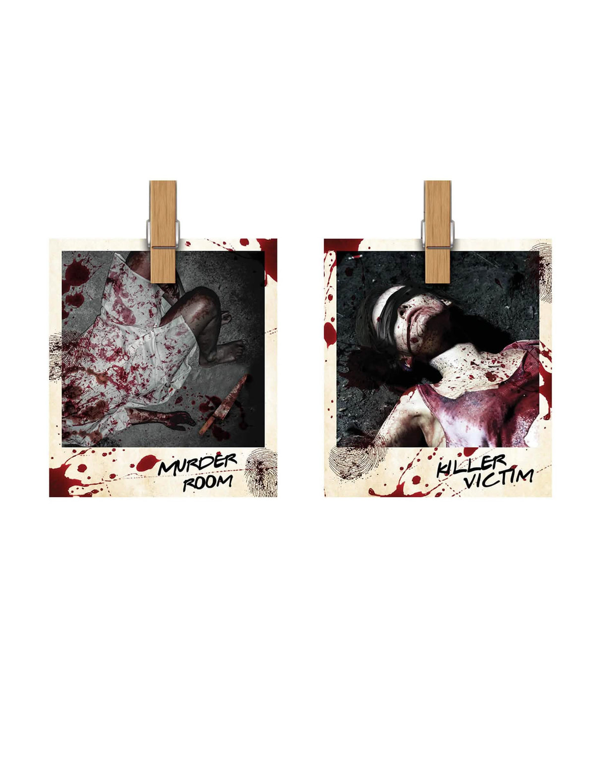 Détail des visuels polaroïd sanglants de la guirlande en papier photos scène de crime