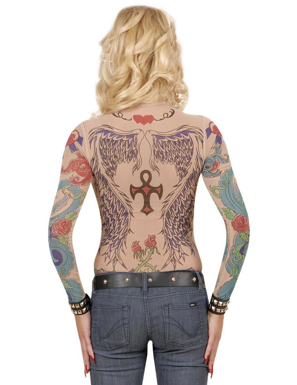 Vue de dos du haut à manches longues effet tatouages pour femme