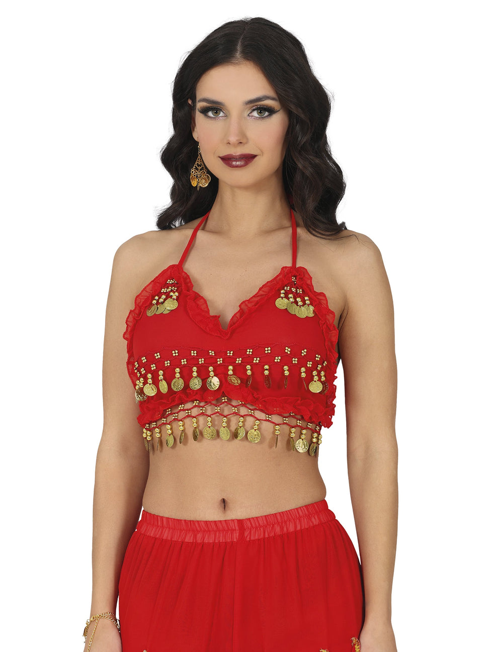 Haut de danseuse orientale pour femme rouge avec pièces dorées