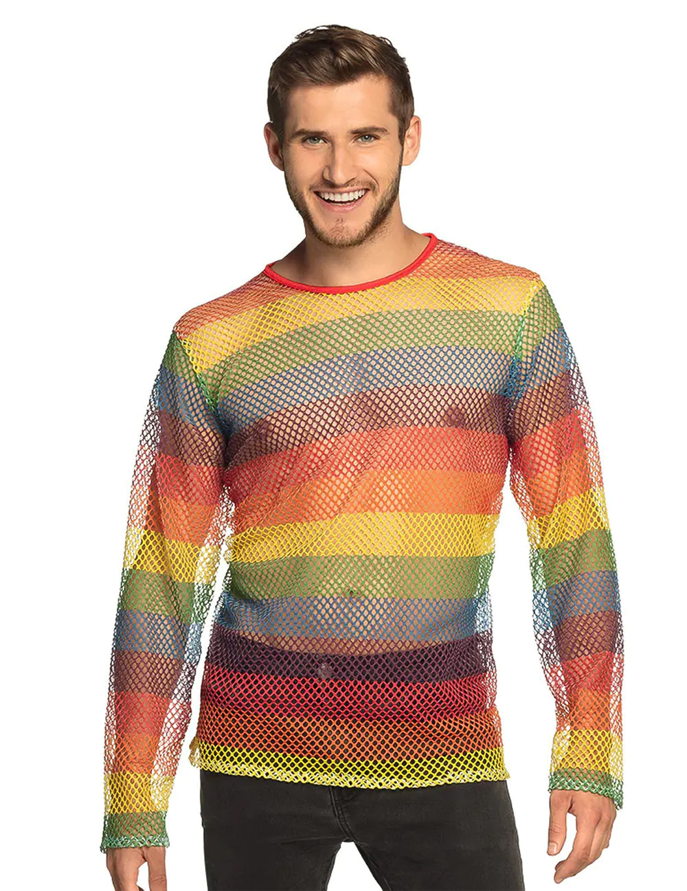 Haut résille arc en ciel pour homme à manches longues et rayures multicolores