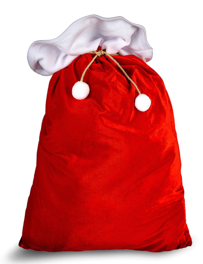 Hotte Père Noël rouge en velours avec bordure blanche et pompons
