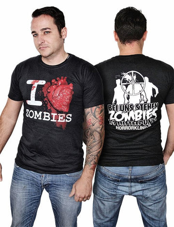 T-shirt I love Zombies pour homme noir avec cœur réaliste sanglant