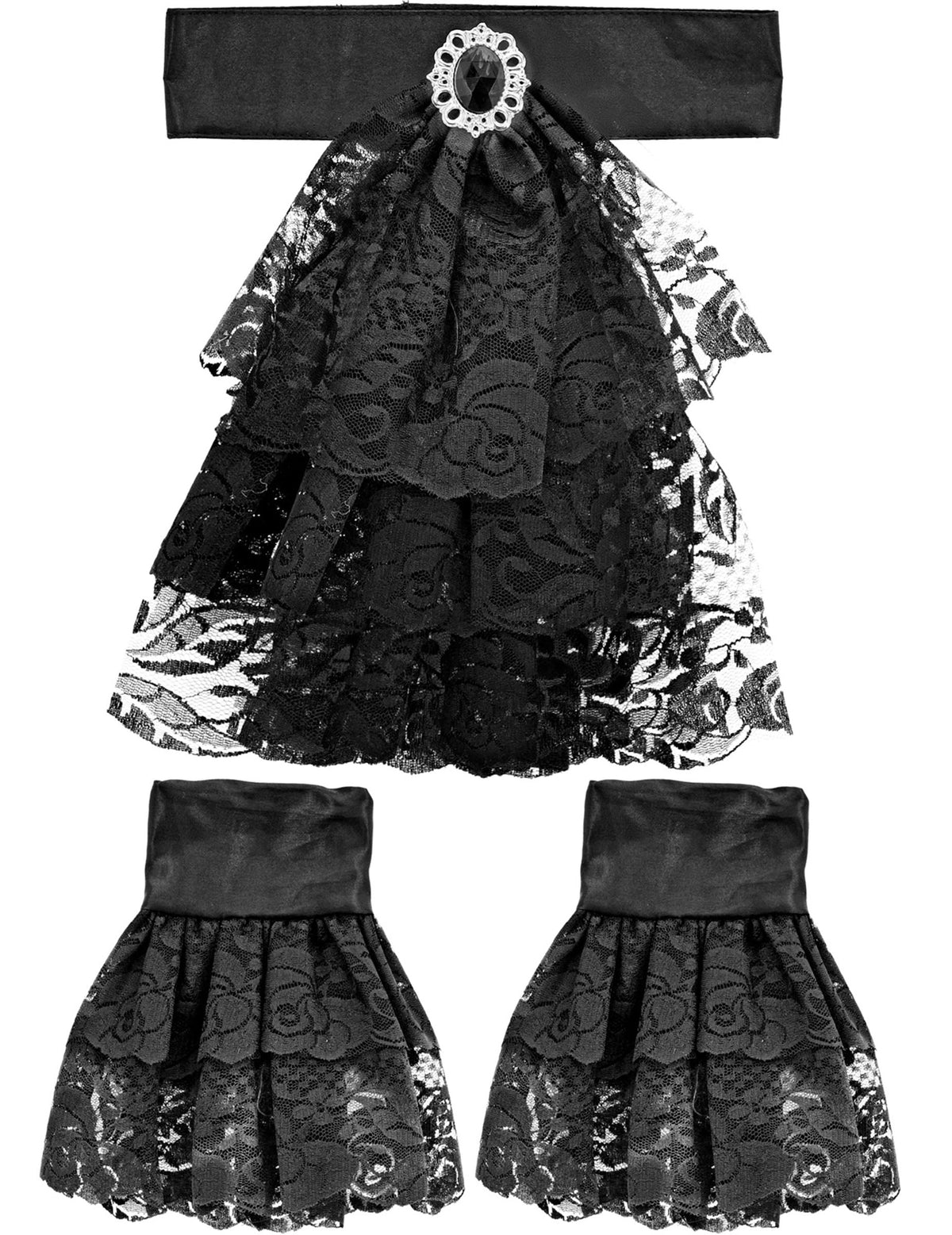 Détails de la dentelle et de la broche du jabot et manchettes dentelles pour adulte
