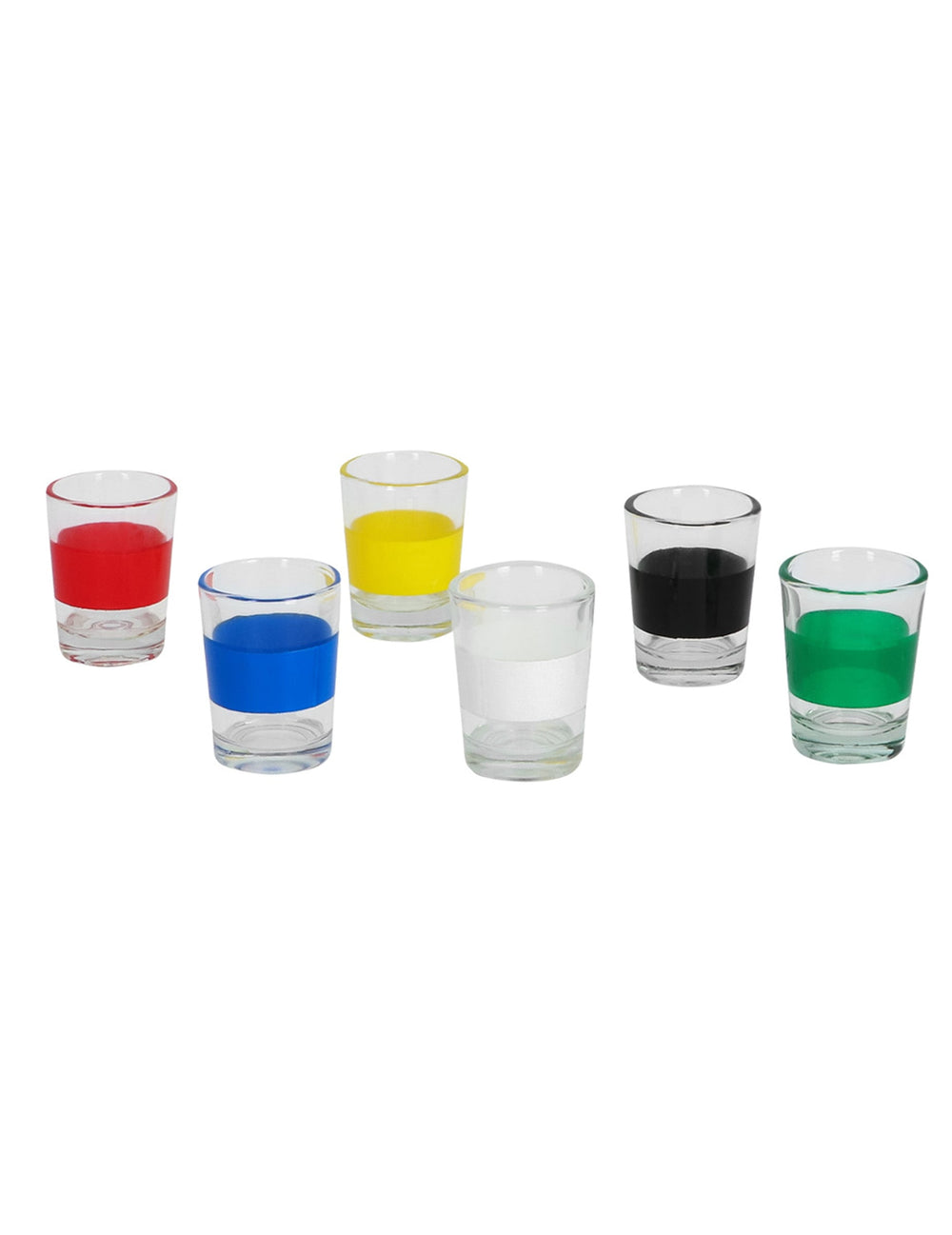 Détail des six verres colorés du jeu à boire bingo shots