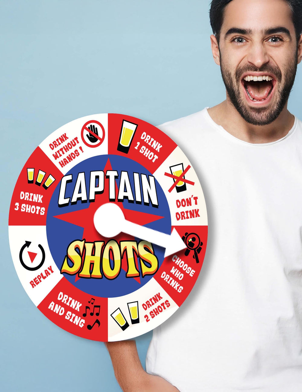 Jeu d'apéro roulette à shots Captain Shots pour adulte rouge blanc et bleu