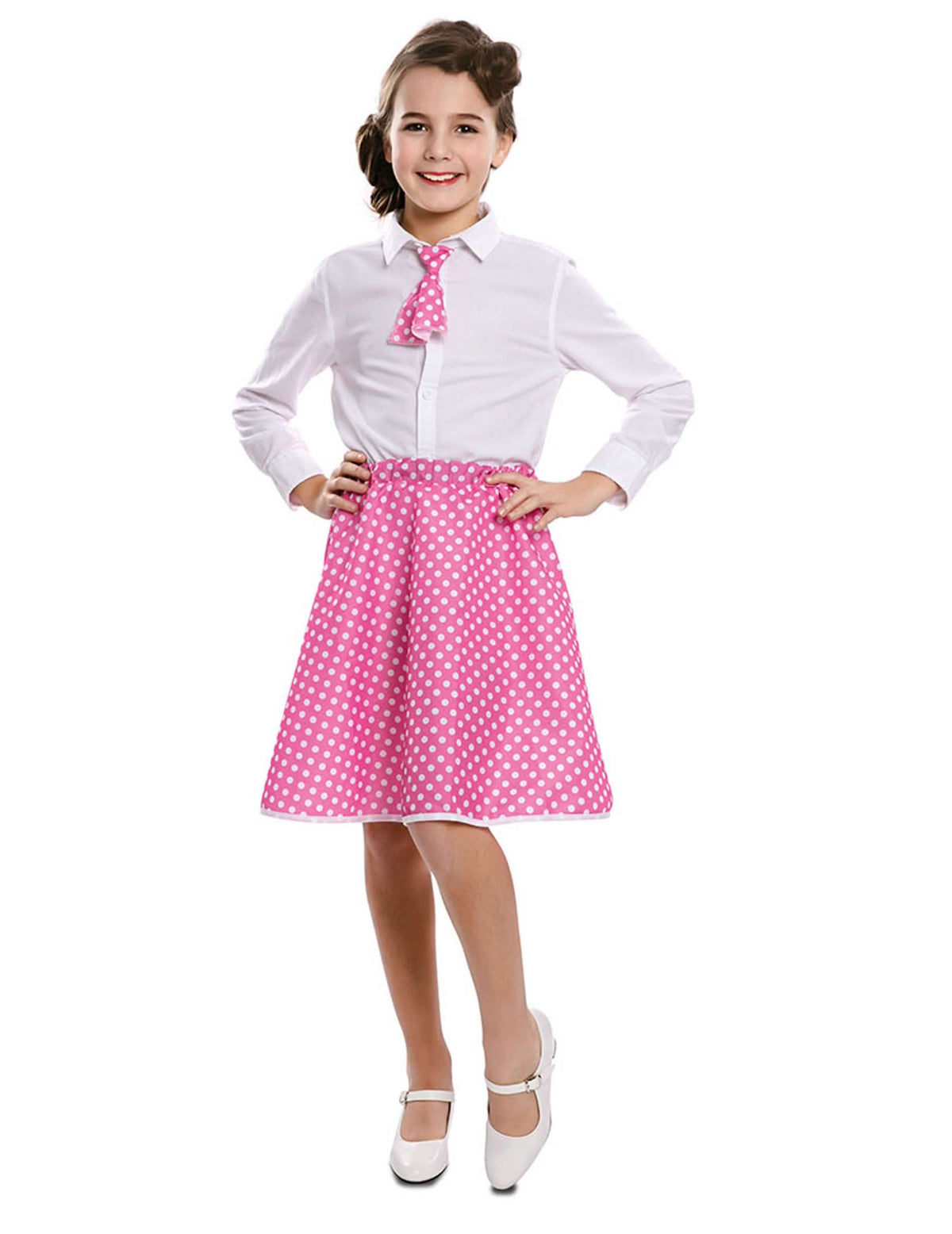 Sukňa s pin-up kravatou pre dievča ružová s bielymi bodkami