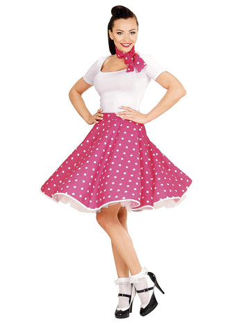 Ružová ružová sukňa a hrášok z 50. rokov ženy