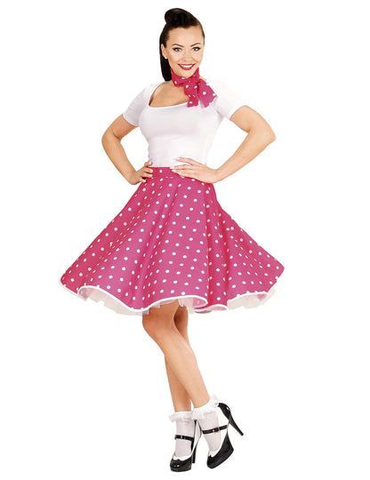 Ružová ružová sukňa a hrášok z 50. rokov ženy