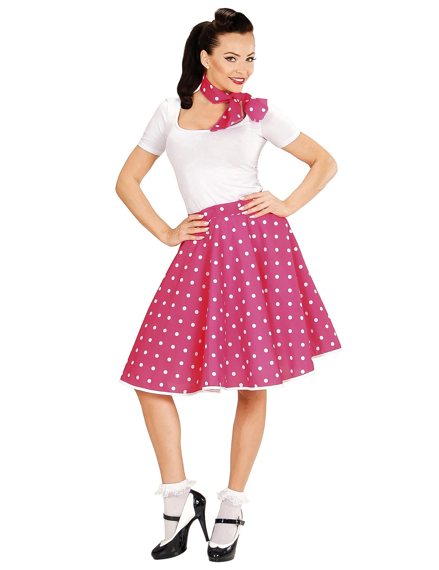 Ružová ružová sukňa a hrášok z 50. rokov ženy