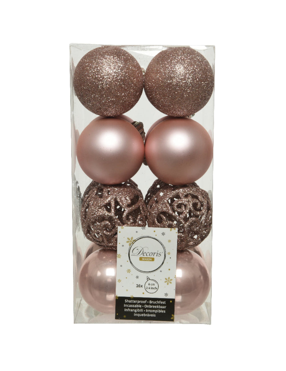 Vue de face de la boîte de boules de Noël pour décoration rose gold brillantes et mates