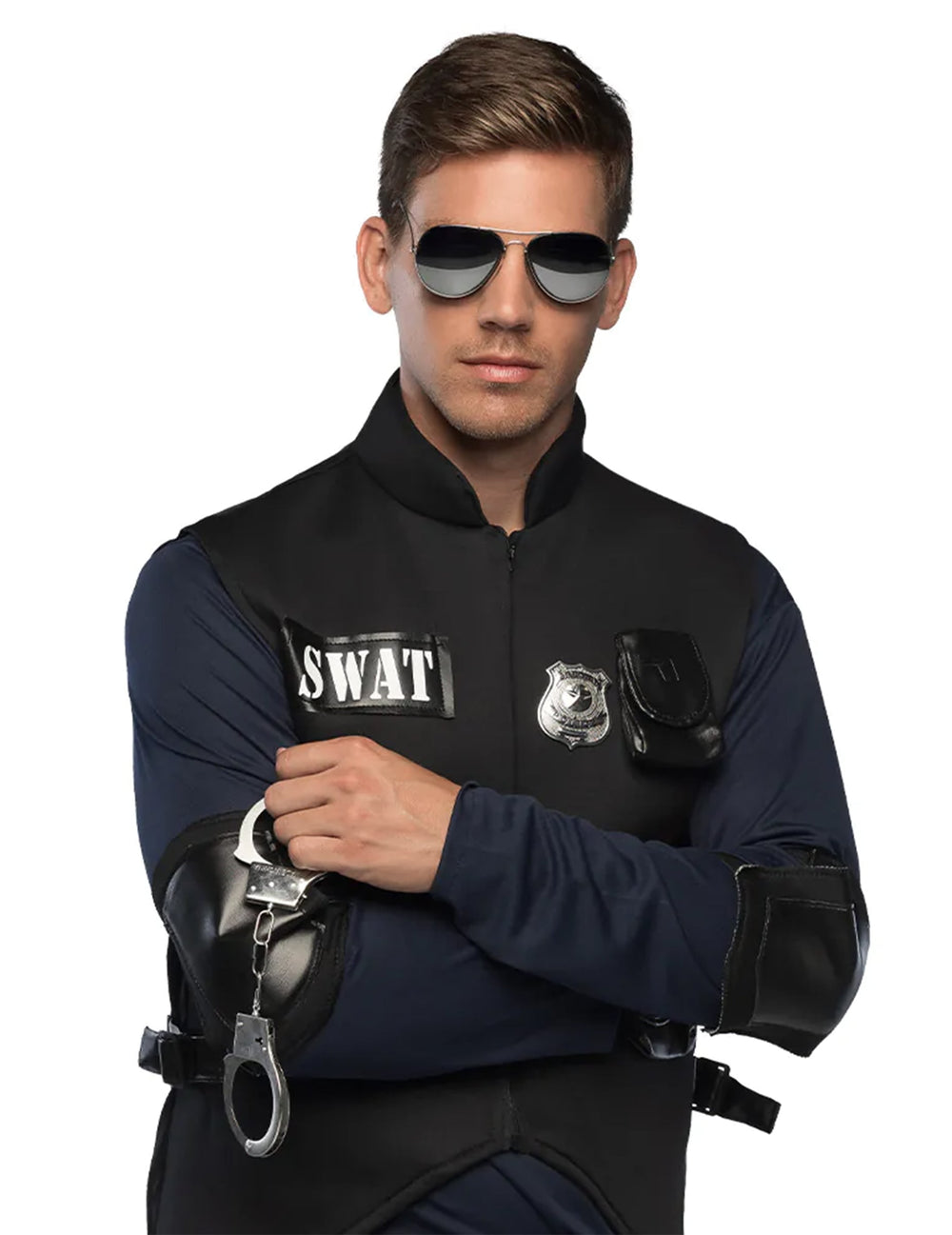Gros plan sur le buste et les menottes du kit 3 accessoires policier