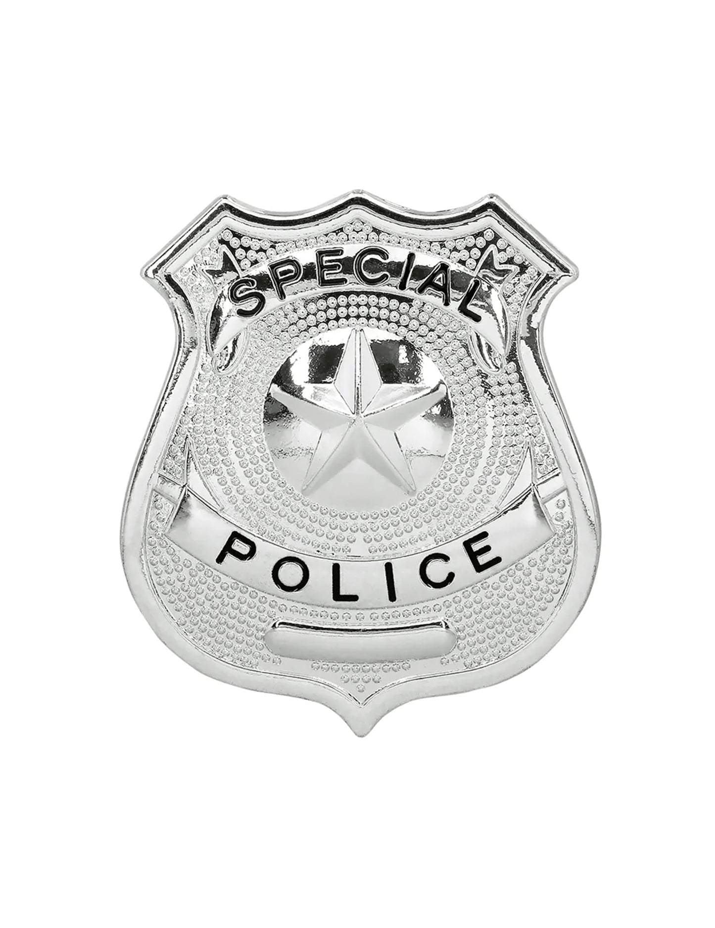 Vue de face du badge argenté du kit 3 accessoires policier