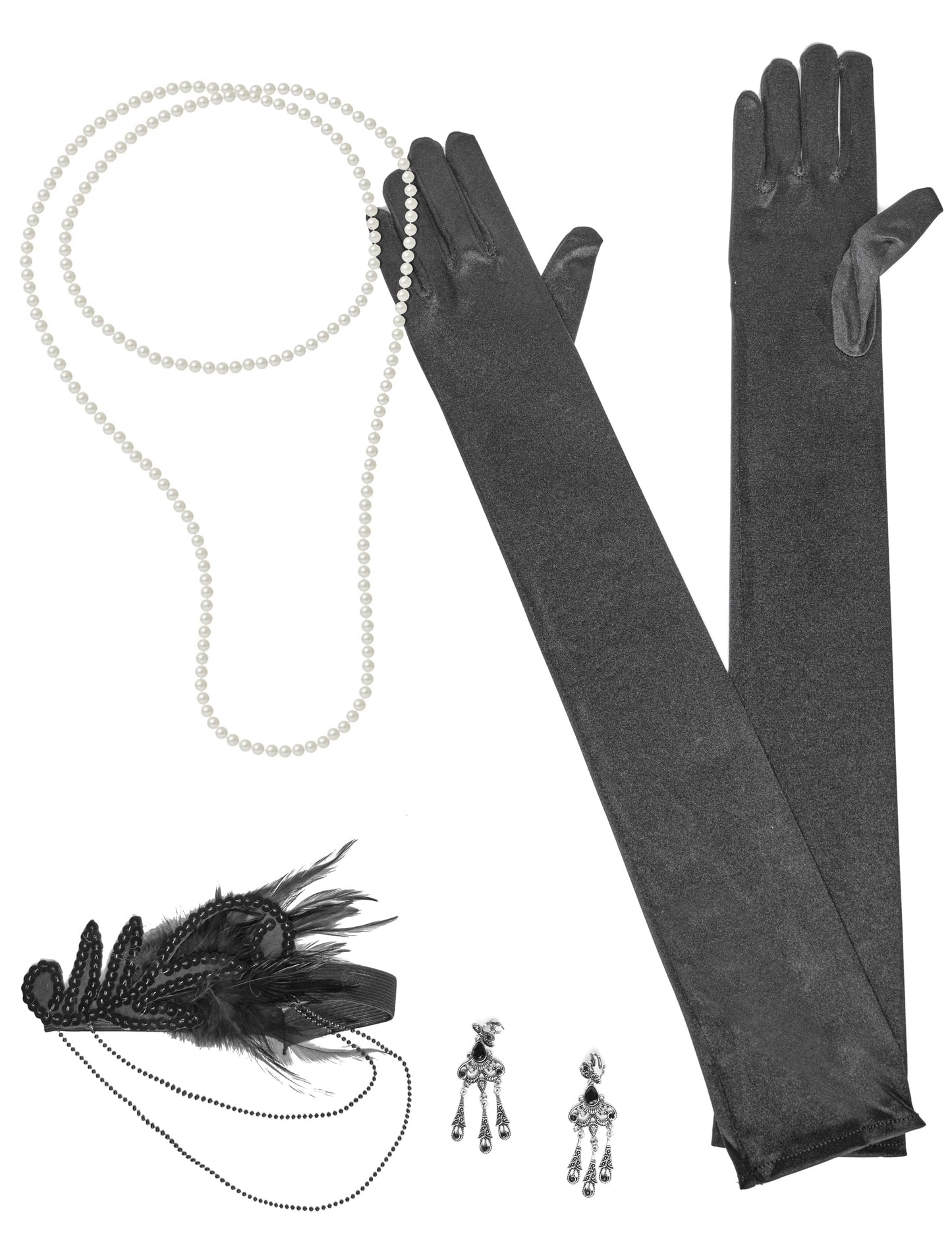 Kit accessoires années 20 pour femme noir avec collier de perles et plumes