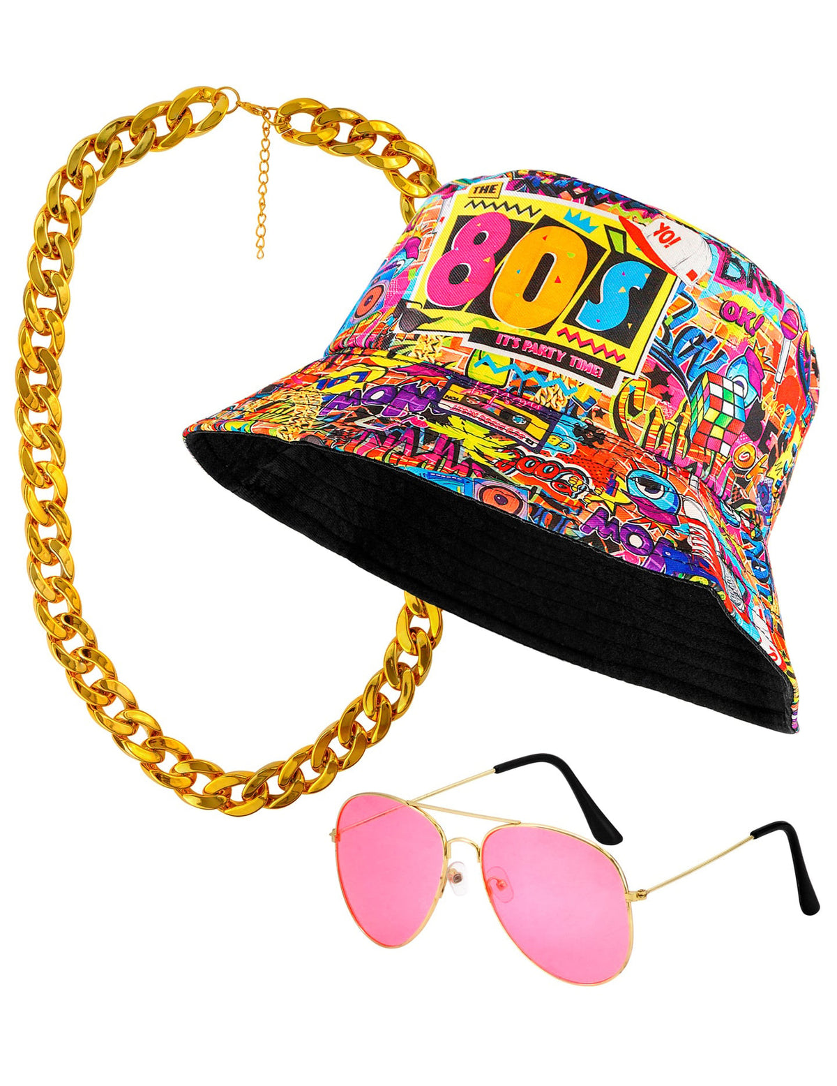 Détail du bob, des lunettes et de la chaîne du Kit accessoires années 80 pour adulte