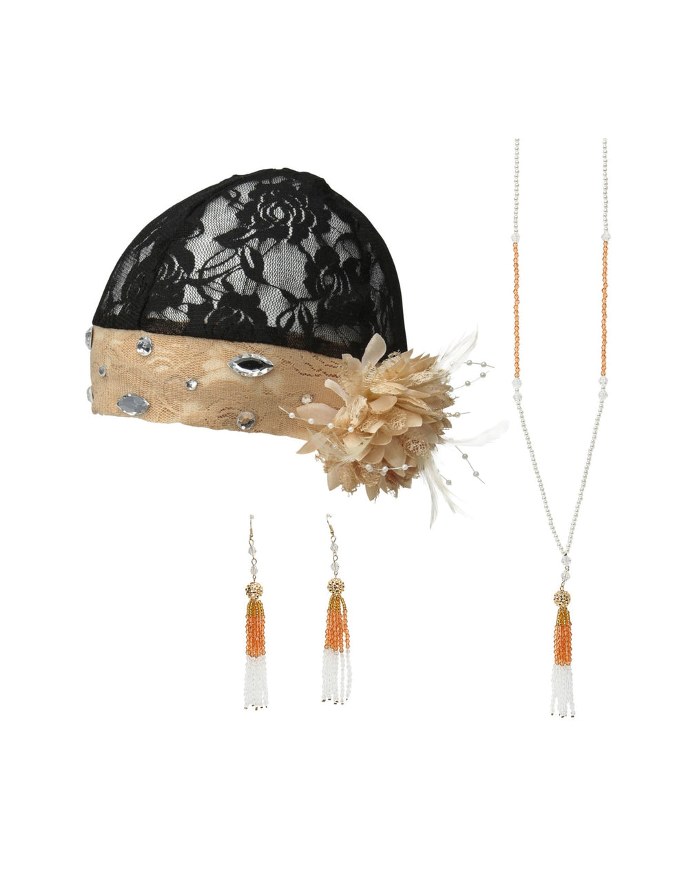 Kit accessoires charleston pour femme noir et doré avec coiffe en dentelle collier et boucles d'oreilles
