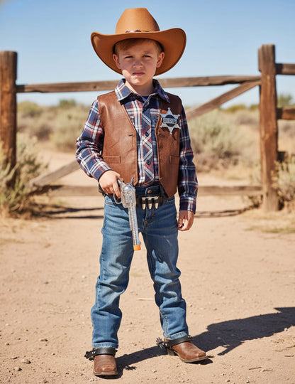 Kit accessoires de cowboy pour enfant marron avec gilet, chapeau et pistolet