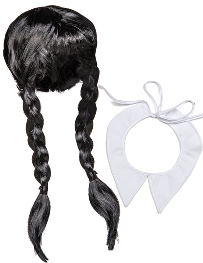 Kit accessoires écolière gothique pour femme avec perruque noire à tresses et col blanc