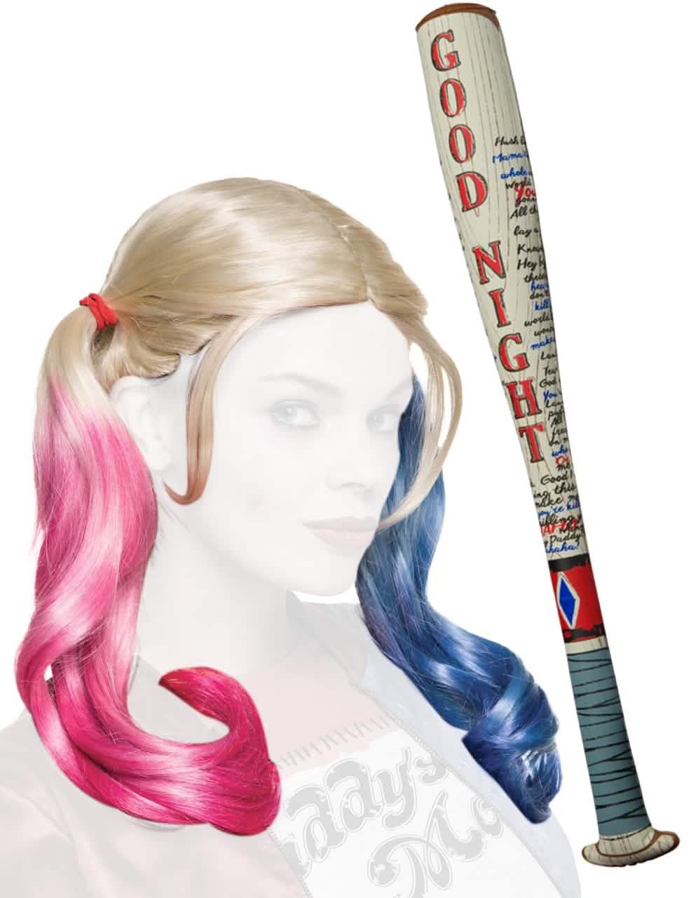 Súprava doplnky Harley Quinn pre blond žena s ružovými a modrými vrkočmi s baseballovou pálkou