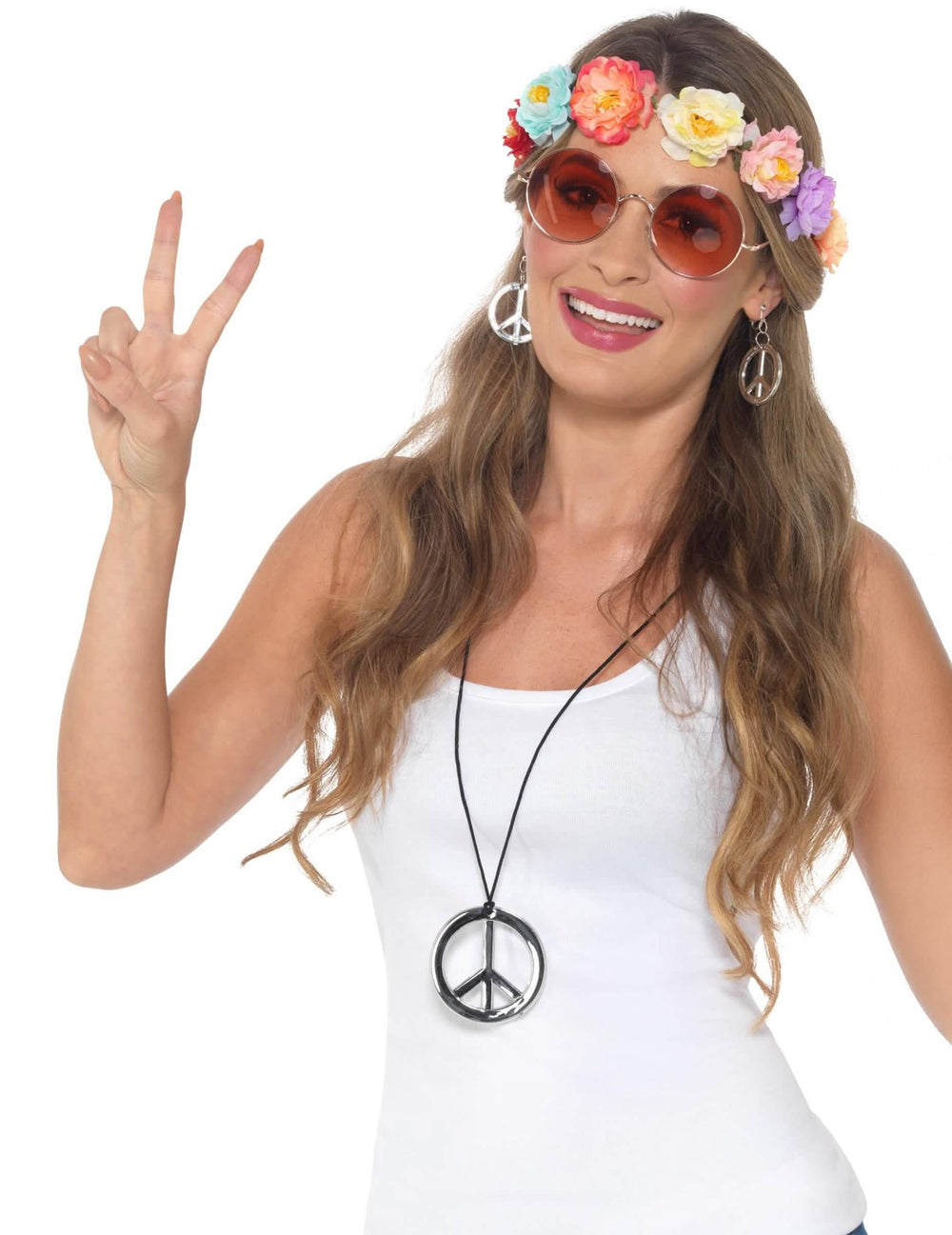 Hippie sada doplnkov pre ženu s kvetinovou korunou a striebornými šperkami peace and love