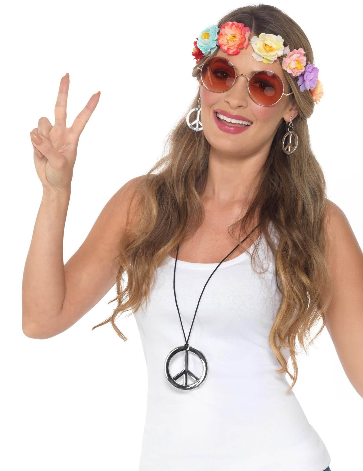Hippie sada doplnkov pre ženu s kvetinovou korunou a striebornými šperkami peace and love