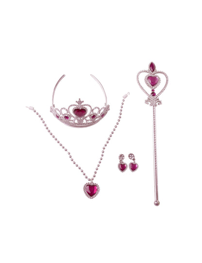 Vue d'ensemble du diadème, de la baguette et des bijoux du kit accessoires princesse des rêves
