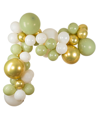 Kit arche de 56 ballons déco bohème pour fête vert sauge, or et blanc