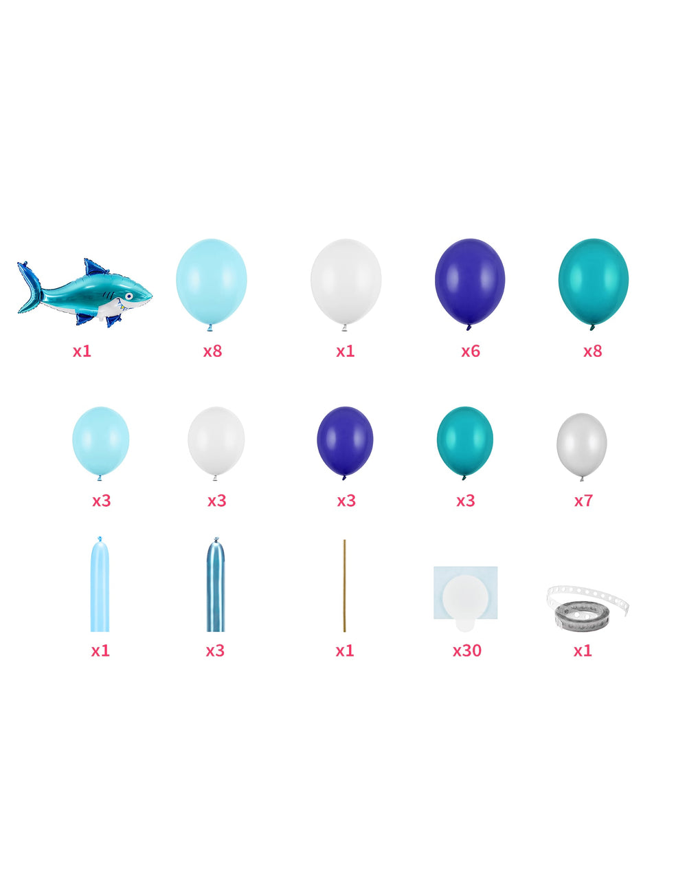 Détail du contenu du Kit arche de ballons shark party thème requin