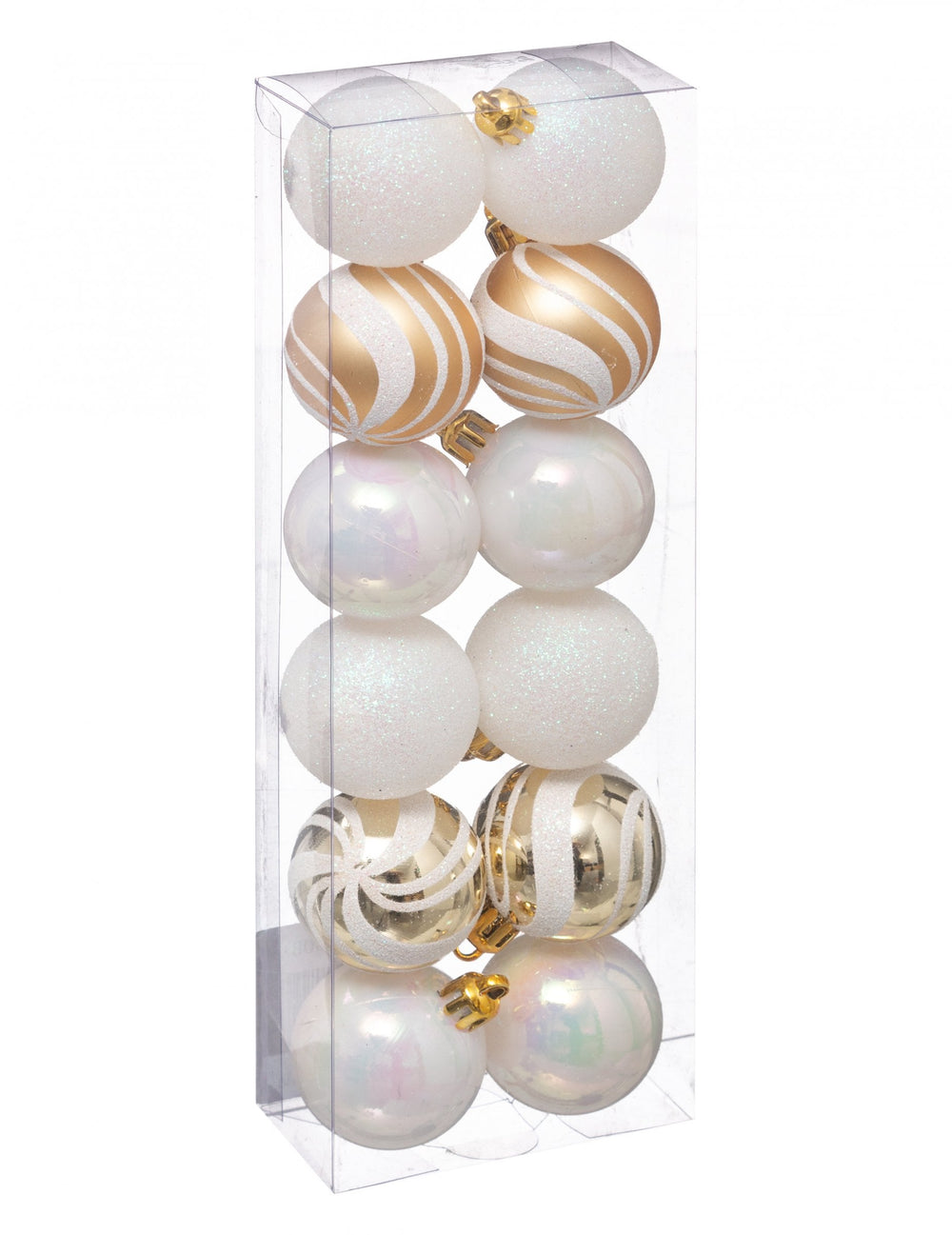 Mini boules de noël pour sapin blanches et dorées pailletées et irisées
