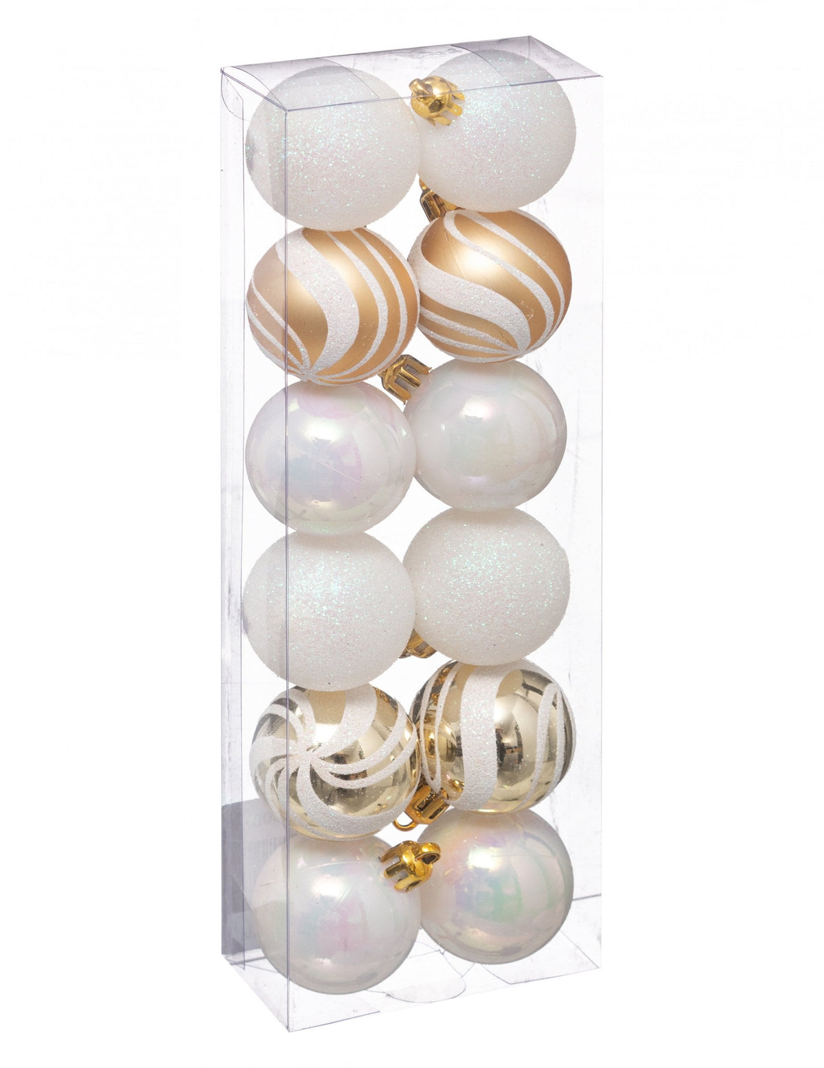 Mini boules de noël pour sapin blanches et dorées pailletées et irisées