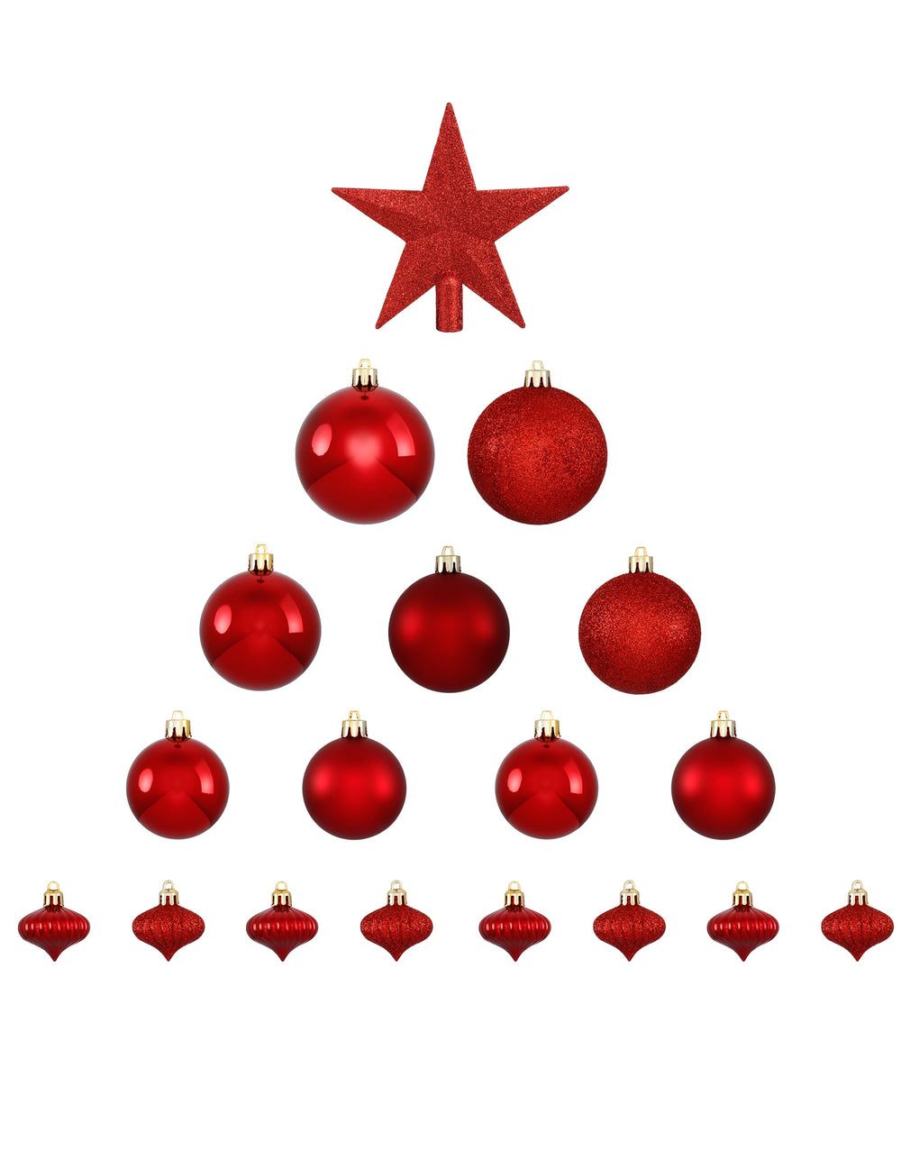 Vue d'ensemble des 18 pièces du kit décorations de sapin pour fête