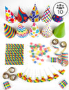 Kit cotillons multicolores pour 10 personnes avec chapeaux et sans-gênes assortis