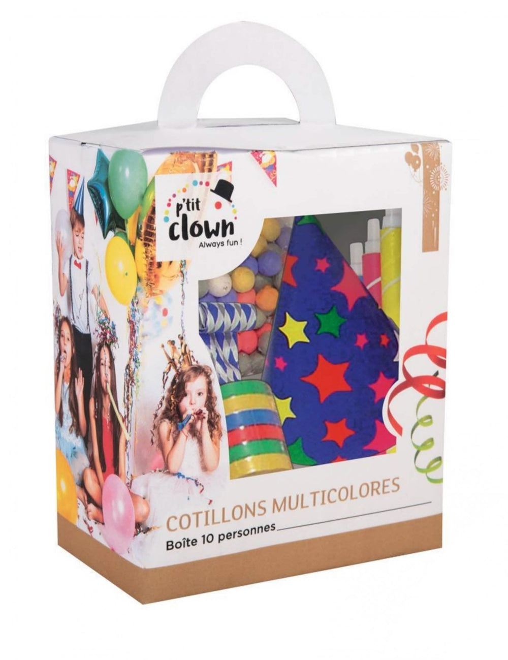 Vue de trois-quarts de la boîte du kit cotillons multicolores pour 10 personnes