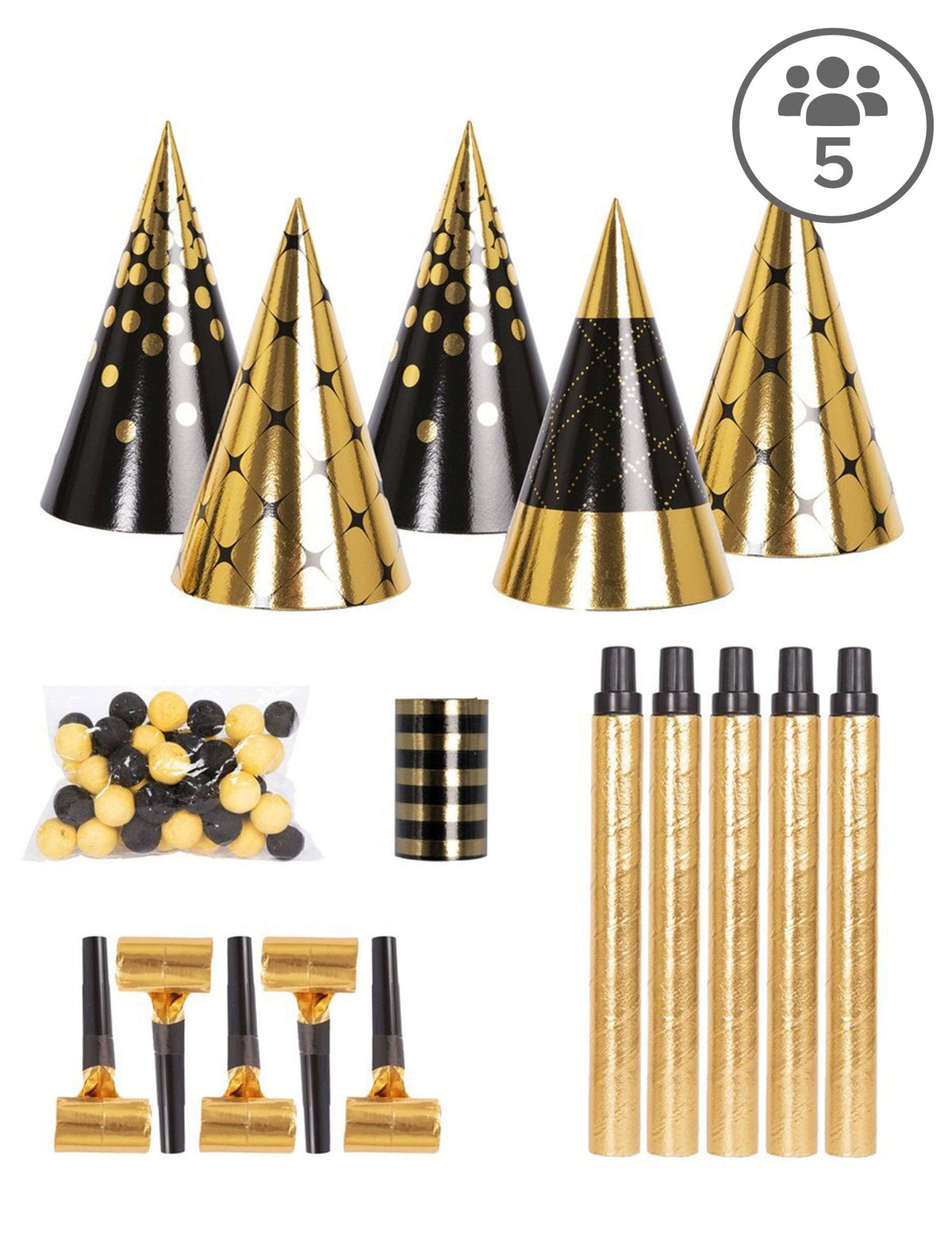 Kit cotillons noir et doré pour 5 personnes noir et or avec chapeaux et accessoires de fête