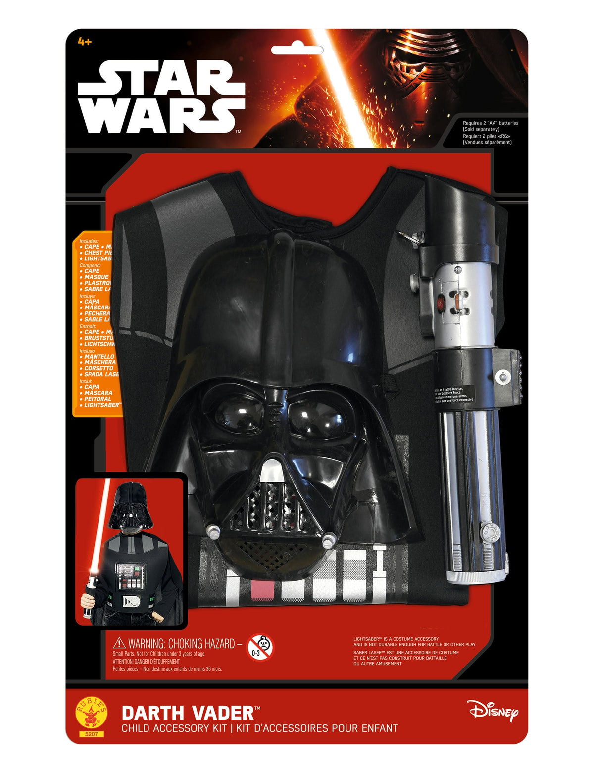 Vue du packaging avec les accessoires du kit Dark Vador pour enfant