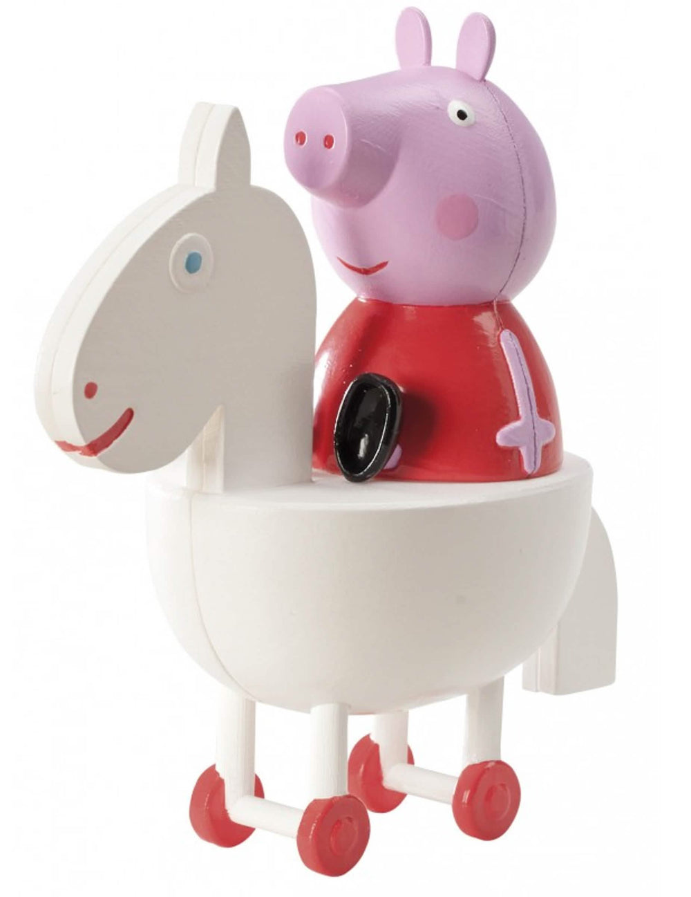 Bočný pohľad na figúrku Prasiatko Peppa na jej bielej kôň z dekorácie na tortu Prasiatko Peppa