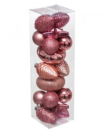 Sada ozdôb na vianočný stromček v ružovozlatej farbe, 18 kusov 