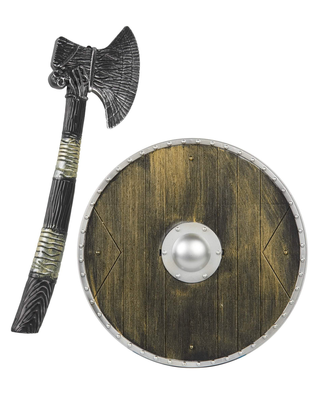 Plastová vikingská súprava pre dieťa s hnedou a sivou sekerou a štítom