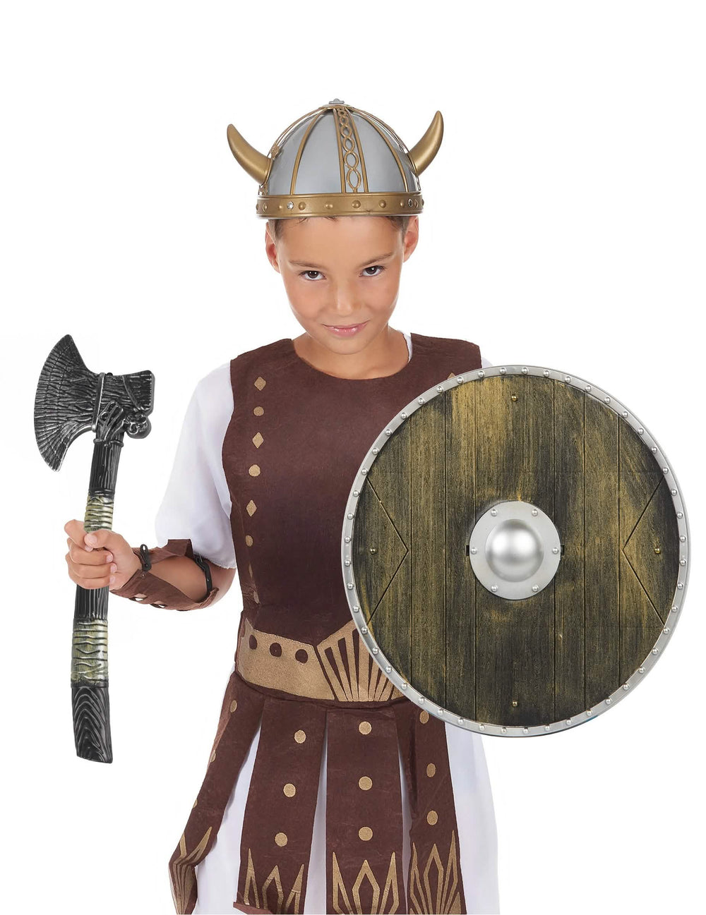 Pohľad spredu na dieťa s detským vikingským setom